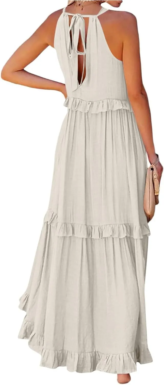 Maxi Dresses for Women 2025 Elegant Loose Flowy Tiered Ruffle Dress Summer Swing Beach Dresses with Pockets
