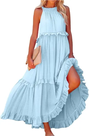 Maxi Dresses for Women 2025 Elegant Loose Flowy Tiered Ruffle Dress Summer Swing Beach Dresses with Pockets