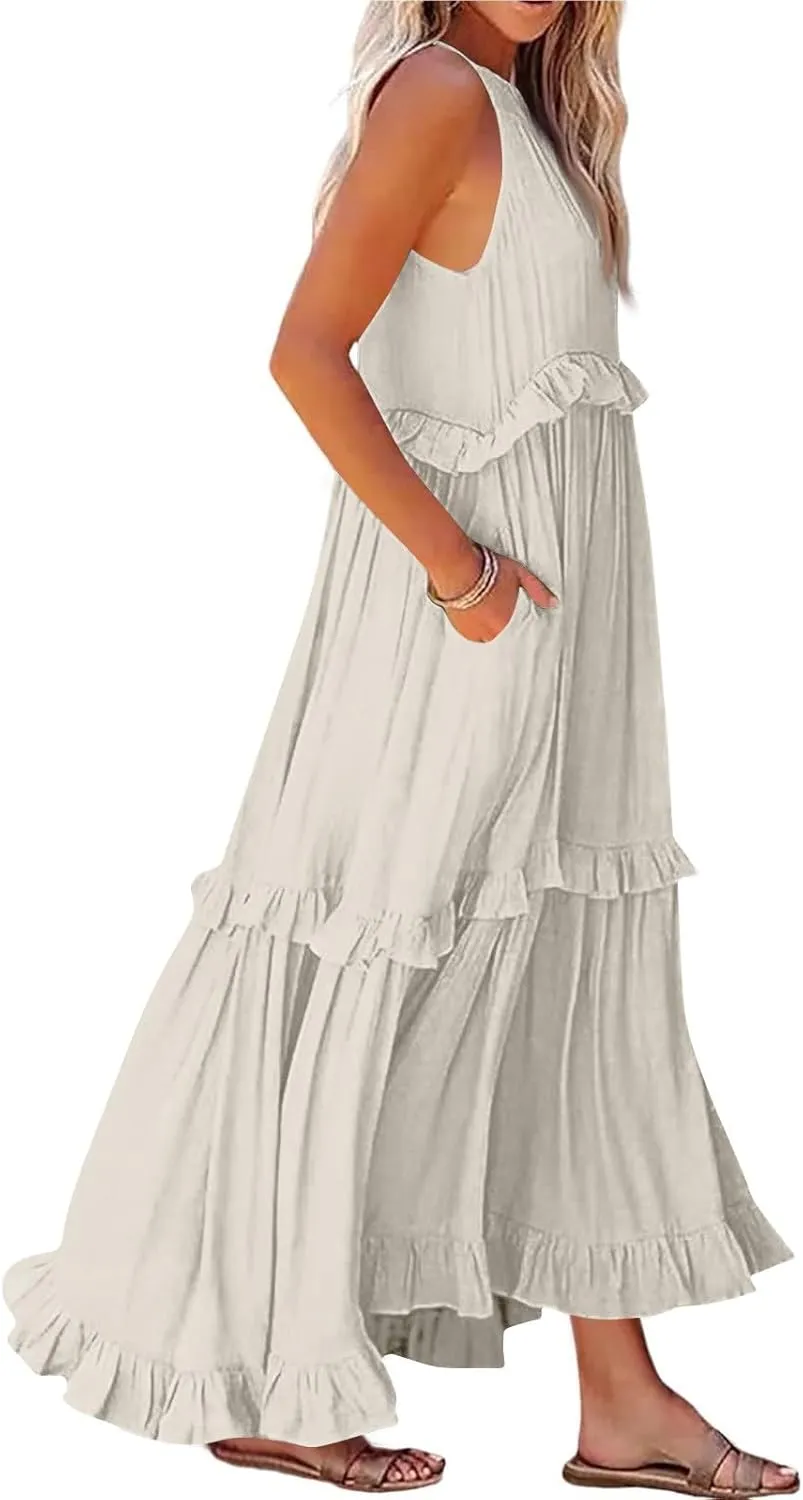 Maxi Dresses for Women 2025 Elegant Loose Flowy Tiered Ruffle Dress Summer Swing Beach Dresses with Pockets
