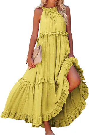 Maxi Dresses for Women 2025 Elegant Loose Flowy Tiered Ruffle Dress Summer Swing Beach Dresses with Pockets