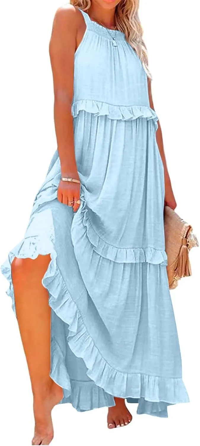 Maxi Dresses for Women 2025 Elegant Loose Flowy Tiered Ruffle Dress Summer Swing Beach Dresses with Pockets