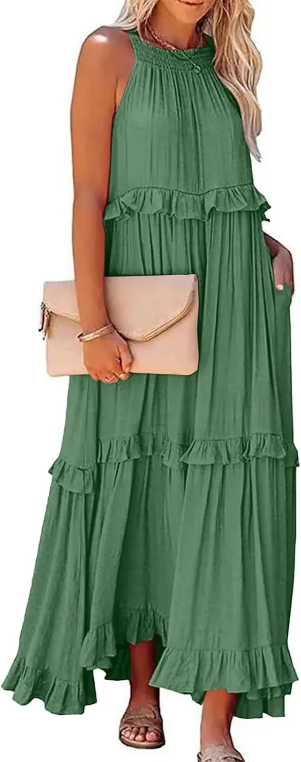 Maxi Dresses for Women 2025 Elegant Loose Flowy Tiered Ruffle Dress Summer Swing Beach Dresses with Pockets