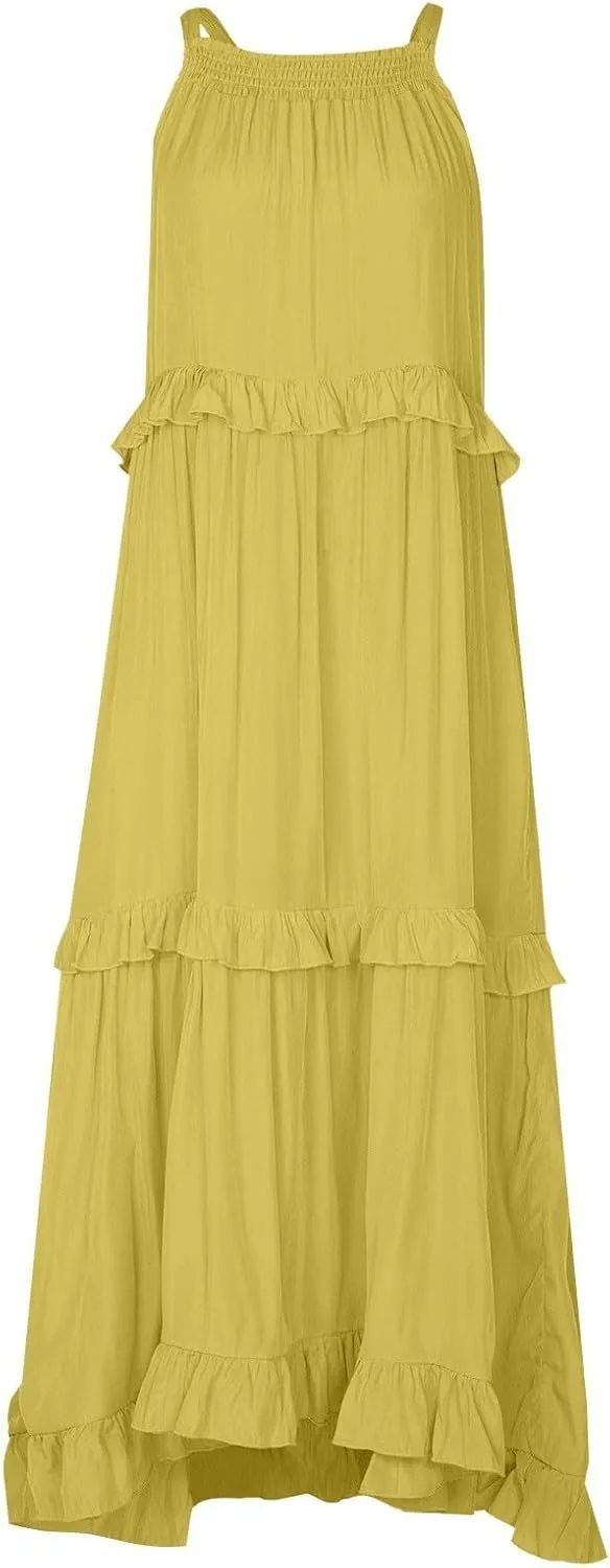 Maxi Dresses for Women 2025 Elegant Loose Flowy Tiered Ruffle Dress Summer Swing Beach Dresses with Pockets