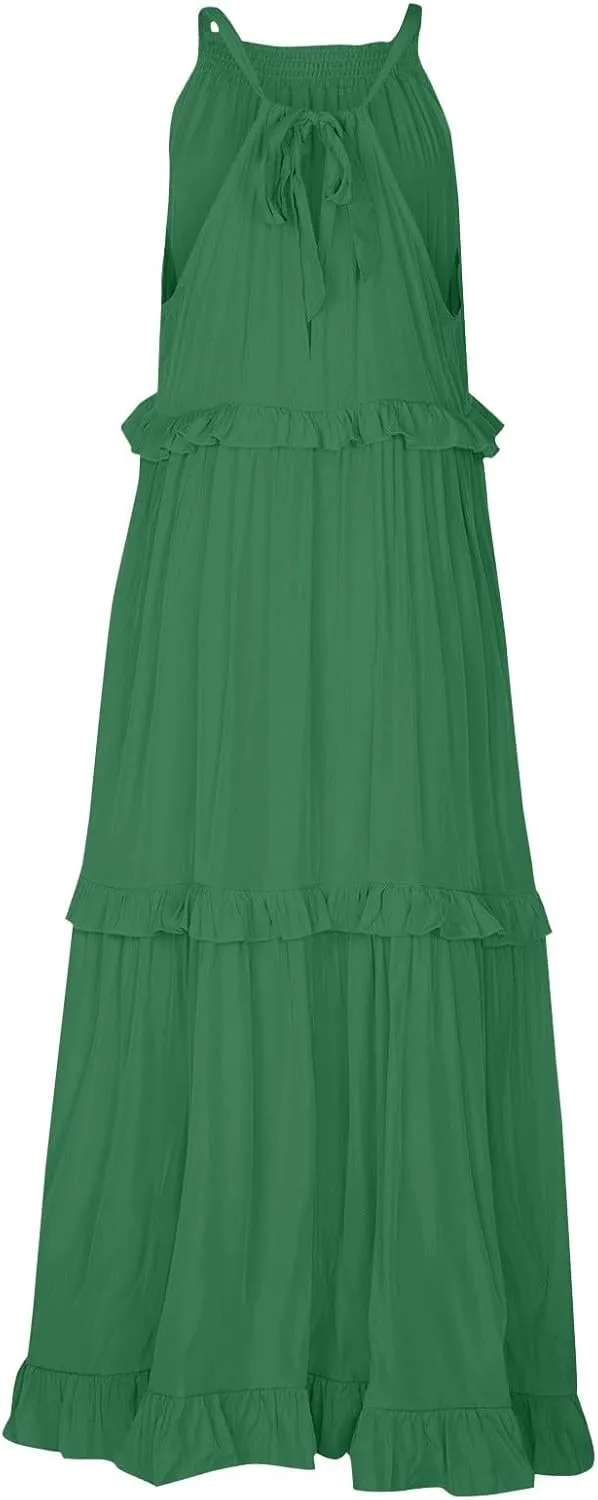 Maxi Dresses for Women 2025 Elegant Loose Flowy Tiered Ruffle Dress Summer Swing Beach Dresses with Pockets