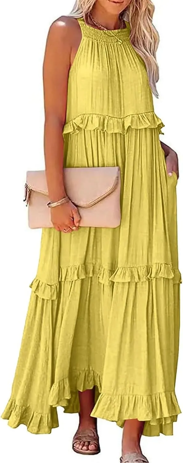 Maxi Dresses for Women 2025 Elegant Loose Flowy Tiered Ruffle Dress Summer Swing Beach Dresses with Pockets