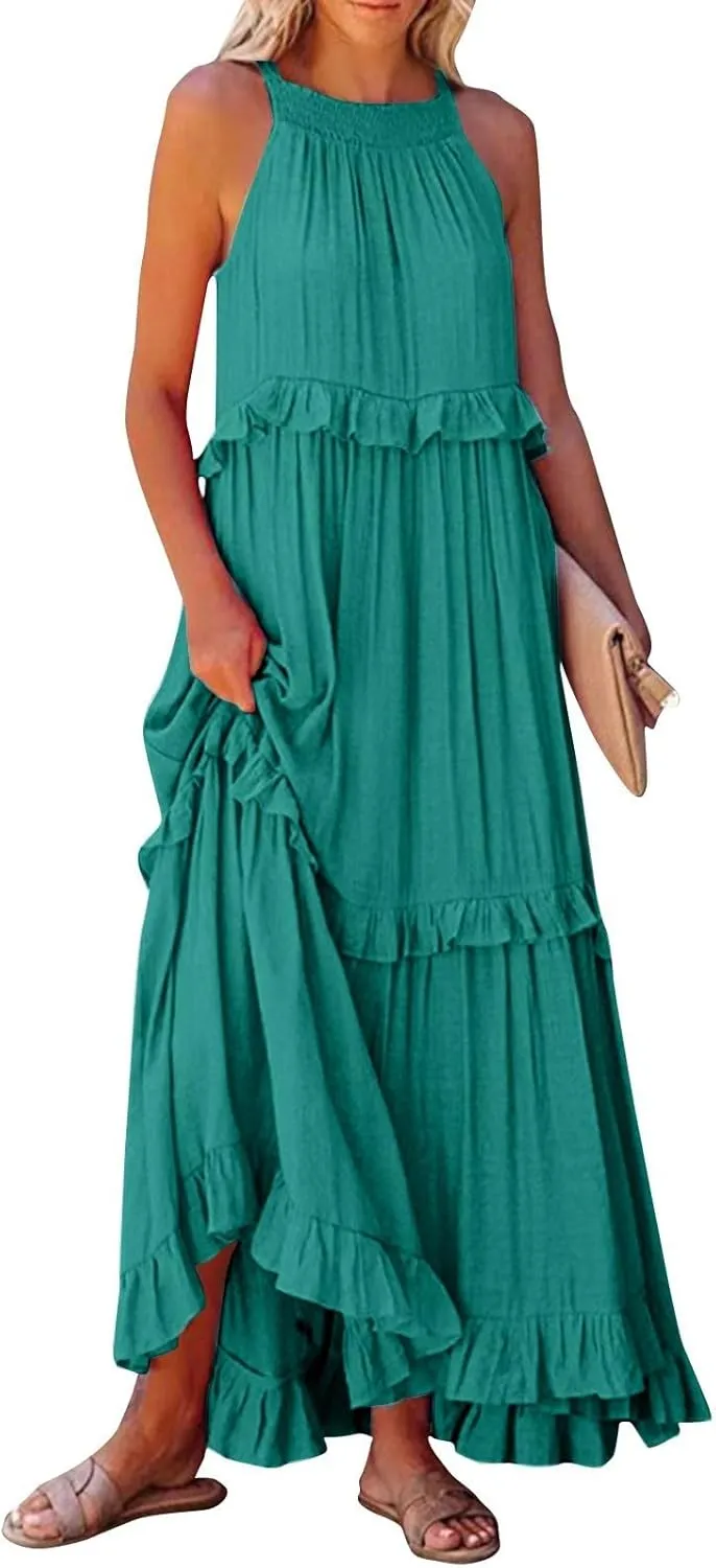 Maxi Dresses for Women 2025 Elegant Loose Flowy Tiered Ruffle Dress Summer Swing Beach Dresses with Pockets