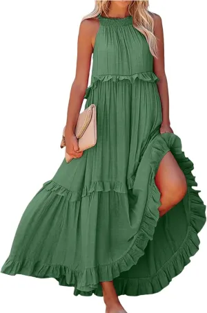 Maxi Dresses for Women 2025 Elegant Loose Flowy Tiered Ruffle Dress Summer Swing Beach Dresses with Pockets