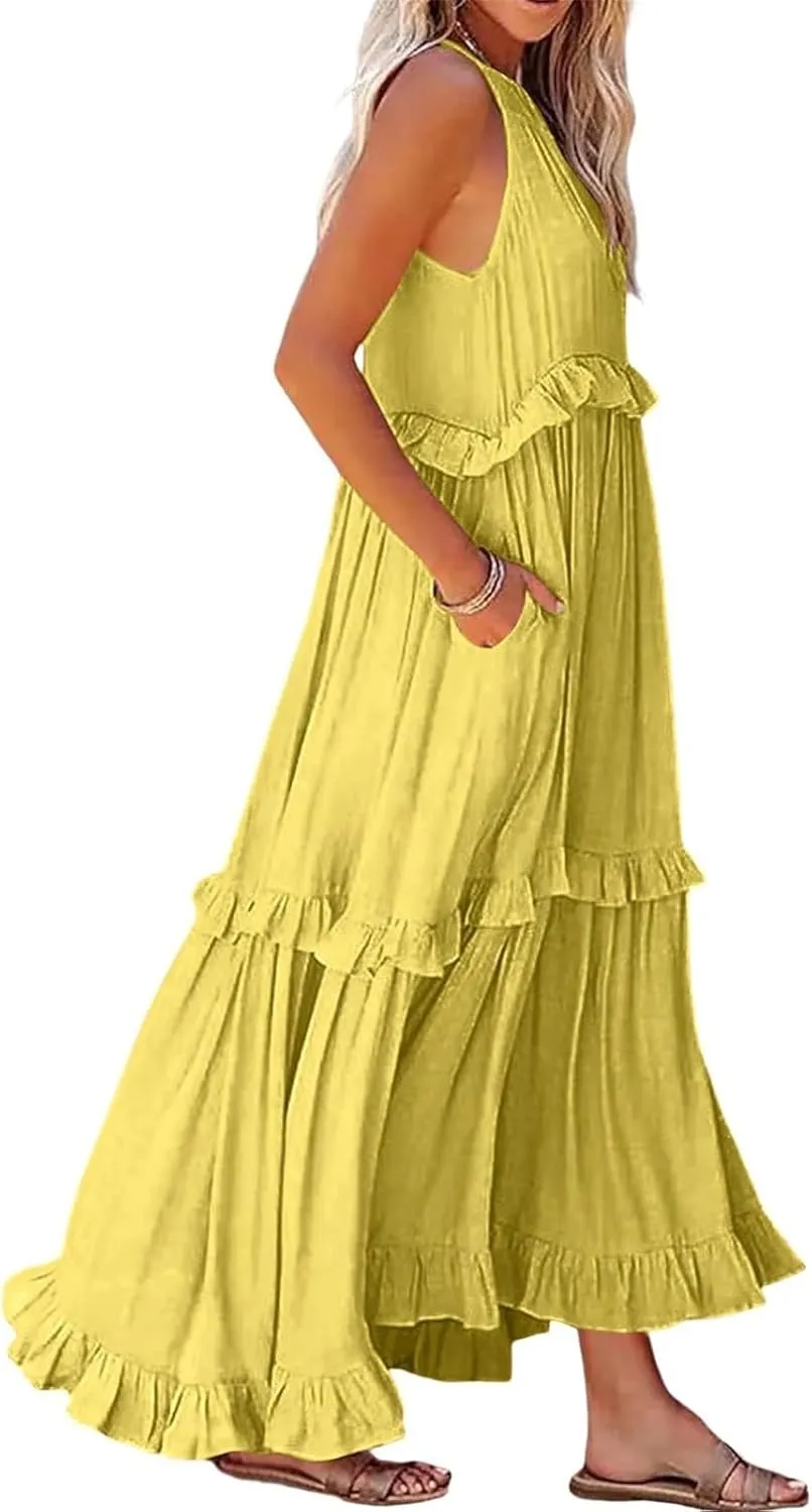 Maxi Dresses for Women 2025 Elegant Loose Flowy Tiered Ruffle Dress Summer Swing Beach Dresses with Pockets