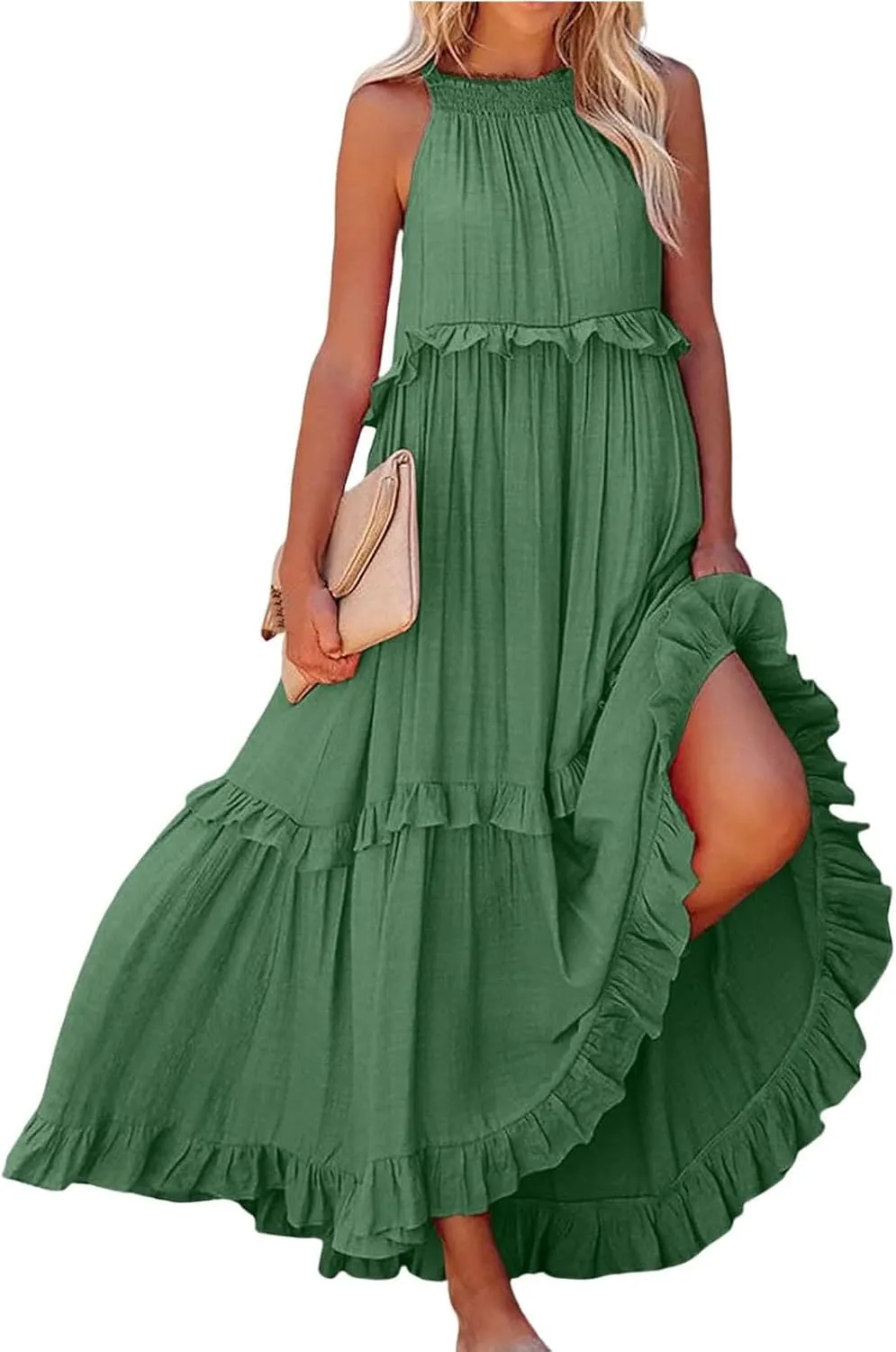 Maxi Dresses for Women 2025 Elegant Loose Flowy Tiered Ruffle Dress Summer Swing Beach Dresses with Pockets