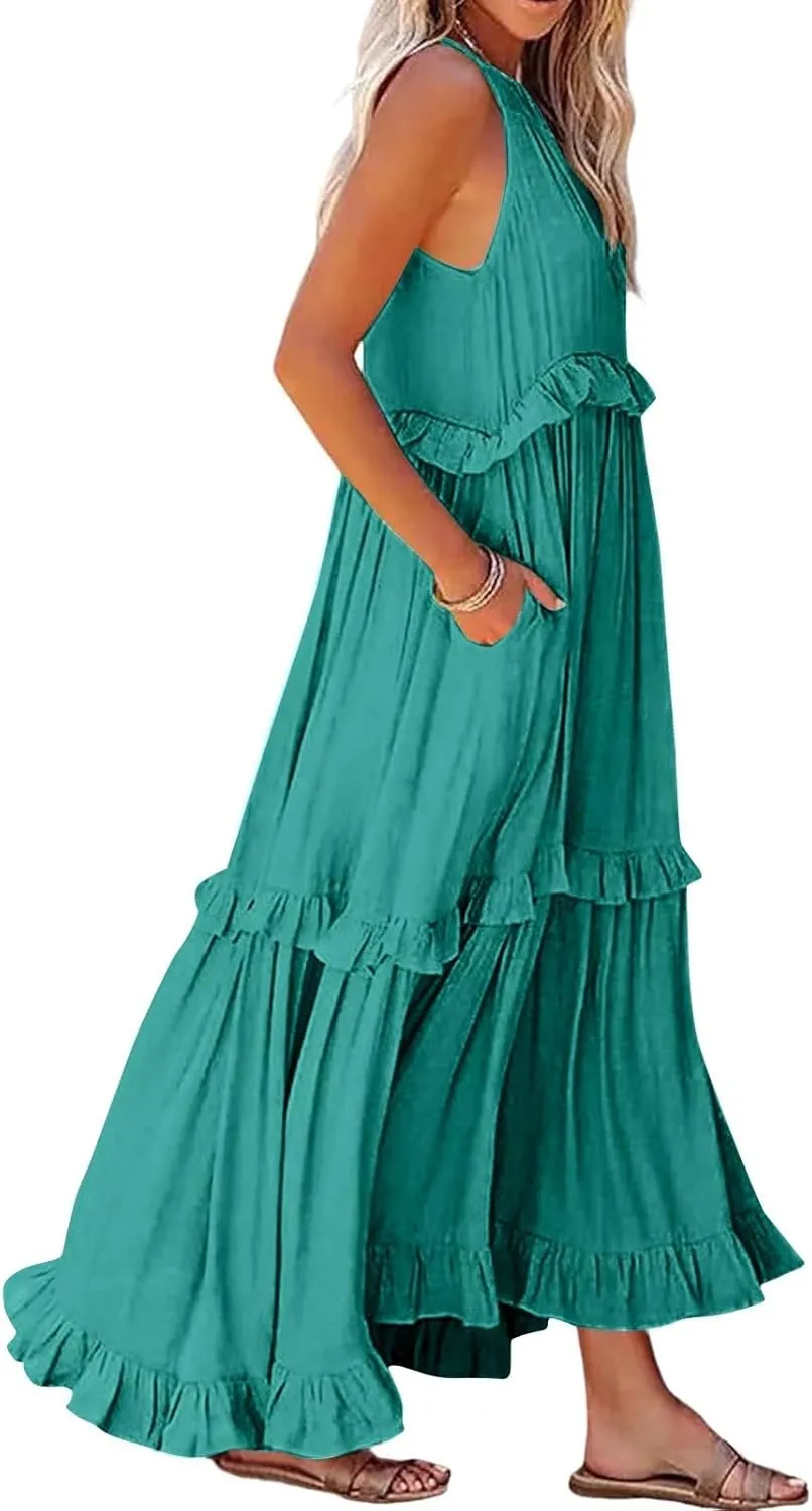 Maxi Dresses for Women 2025 Elegant Loose Flowy Tiered Ruffle Dress Summer Swing Beach Dresses with Pockets