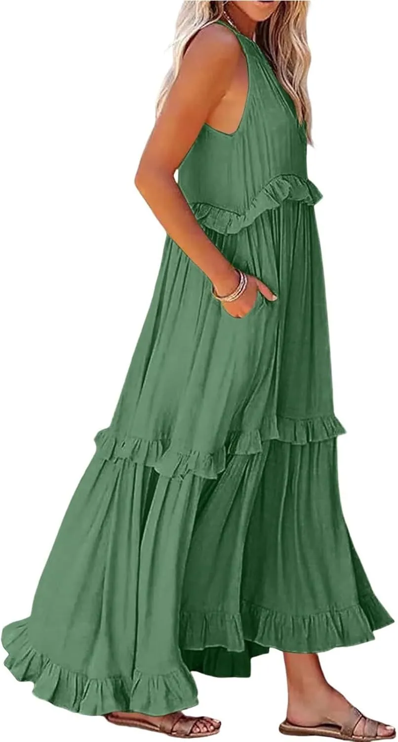 Maxi Dresses for Women 2025 Elegant Loose Flowy Tiered Ruffle Dress Summer Swing Beach Dresses with Pockets