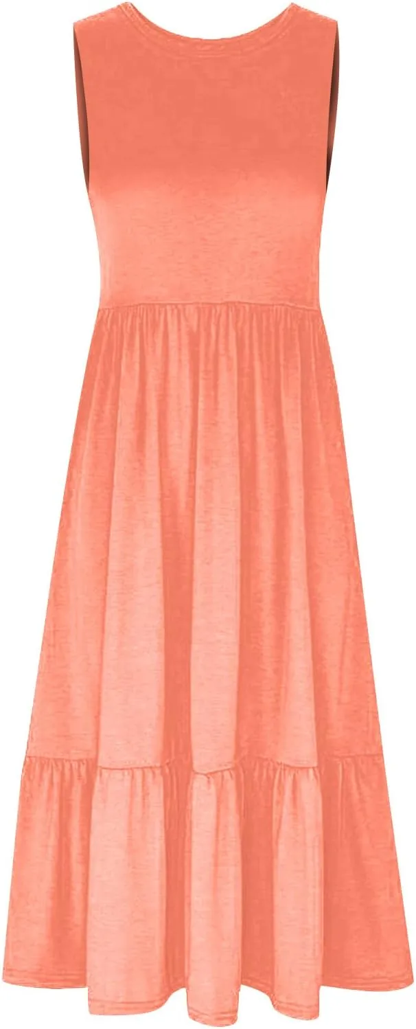 Maxi Dresses for Women 2025 Sleeveless Crewneck Maxi Dress Ruffle Tiered Flowy Swing Dresses Ruch Flutter Sundress