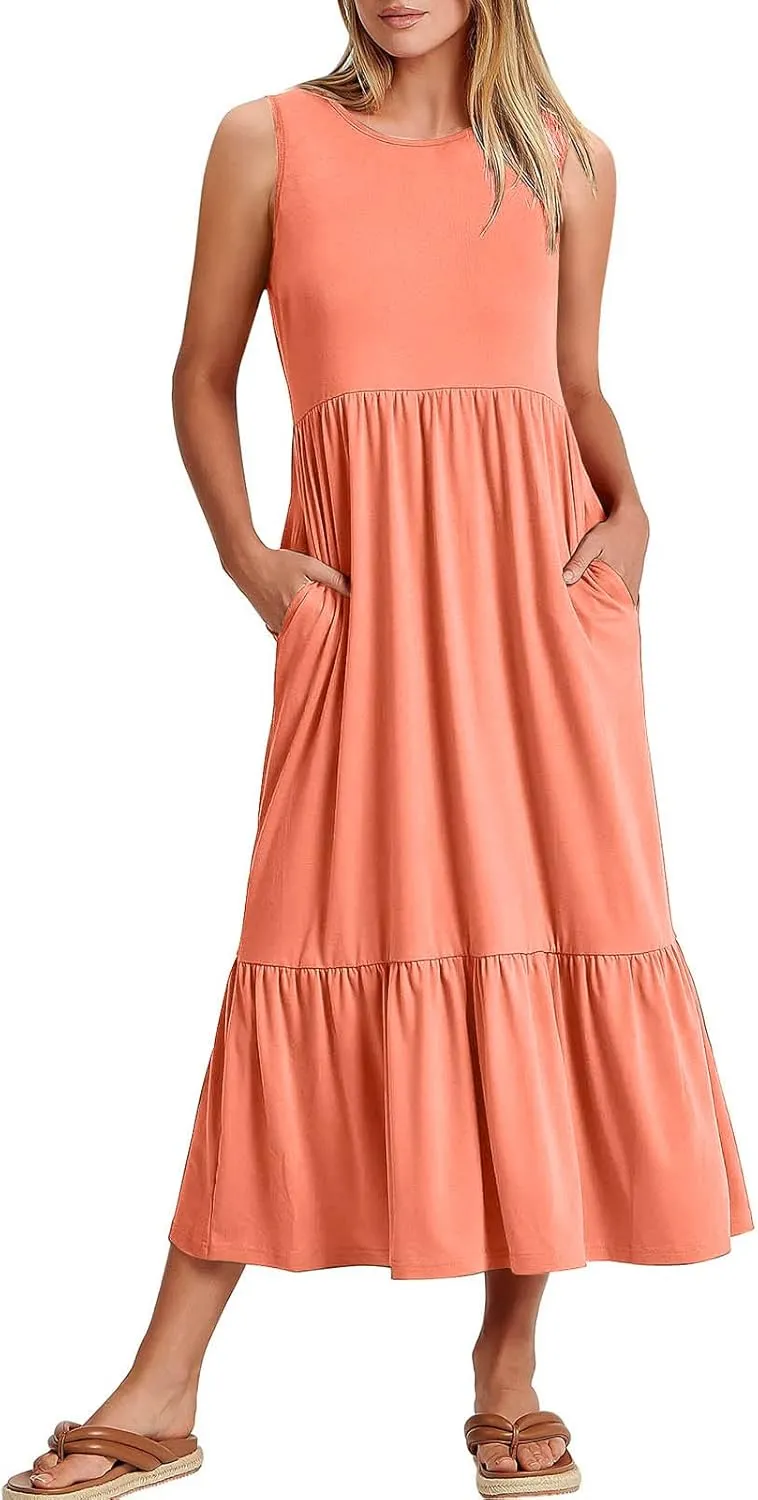 Maxi Dresses for Women 2025 Sleeveless Crewneck Maxi Dress Ruffle Tiered Flowy Swing Dresses Ruch Flutter Sundress