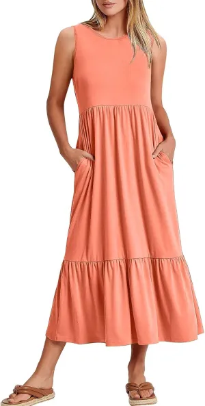 Maxi Dresses for Women 2025 Sleeveless Crewneck Maxi Dress Ruffle Tiered Flowy Swing Dresses Ruch Flutter Sundress