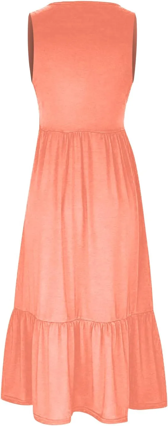 Maxi Dresses for Women 2025 Sleeveless Crewneck Maxi Dress Ruffle Tiered Flowy Swing Dresses Ruch Flutter Sundress