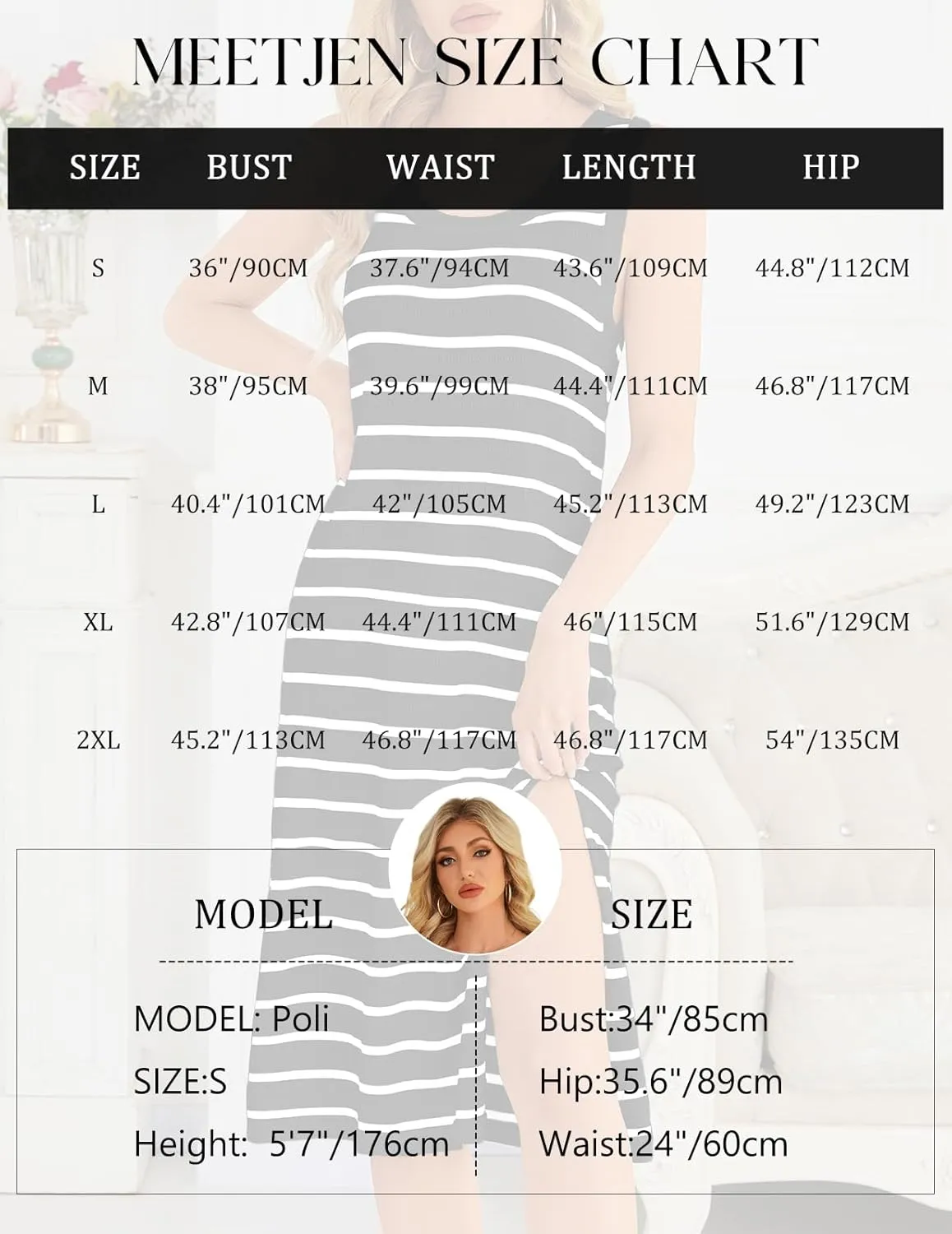 Meetjen Women's Summer Sundresses Casual Sleeveless Hollow Out Ribbed Knit Side Slit Striped Midi Tank Beach Dress