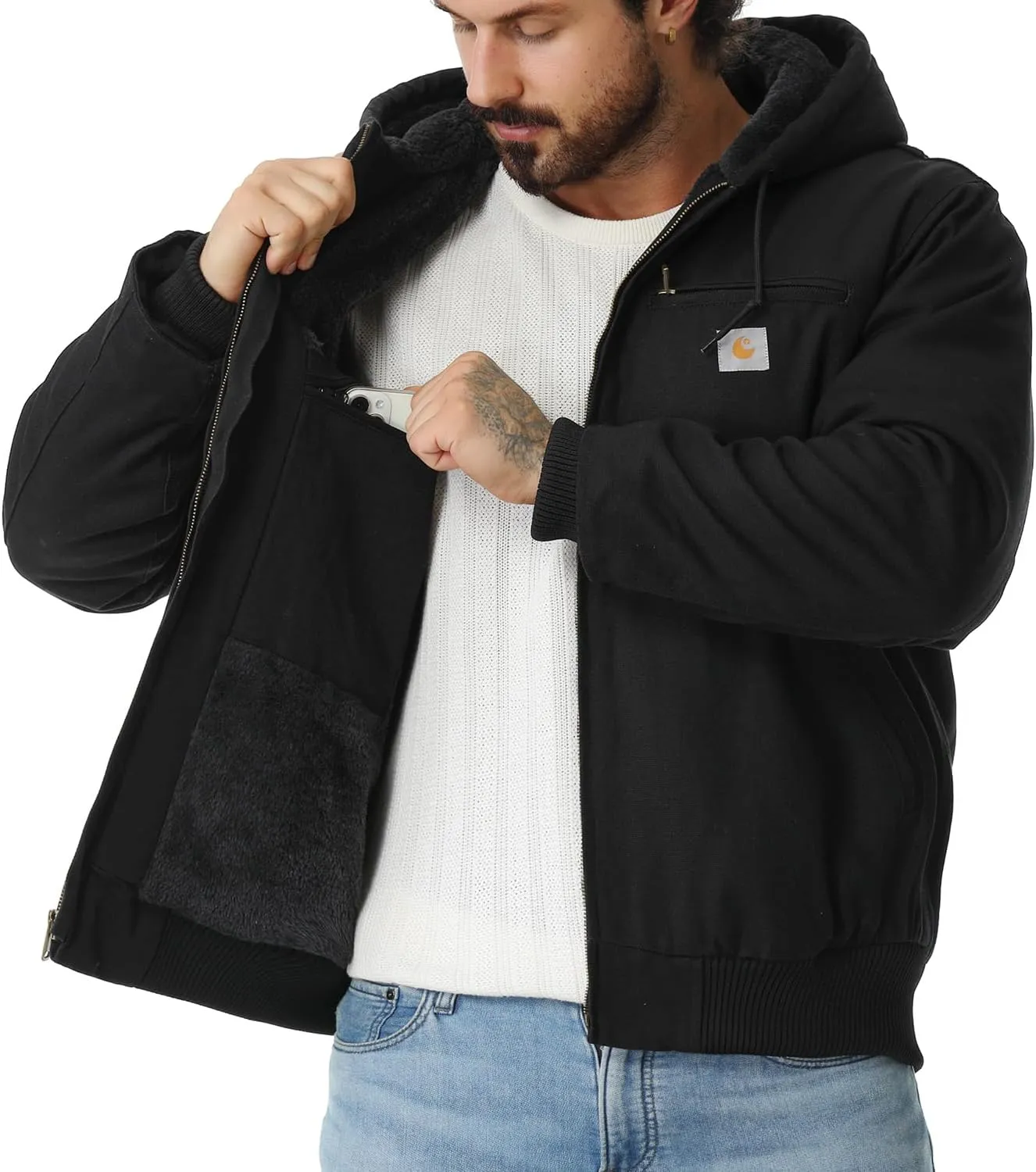 Men's Work Coat Washed Duck Fleece Lined Waterproof Workwear Fit Relaxed Winter Hooded Active Jacket