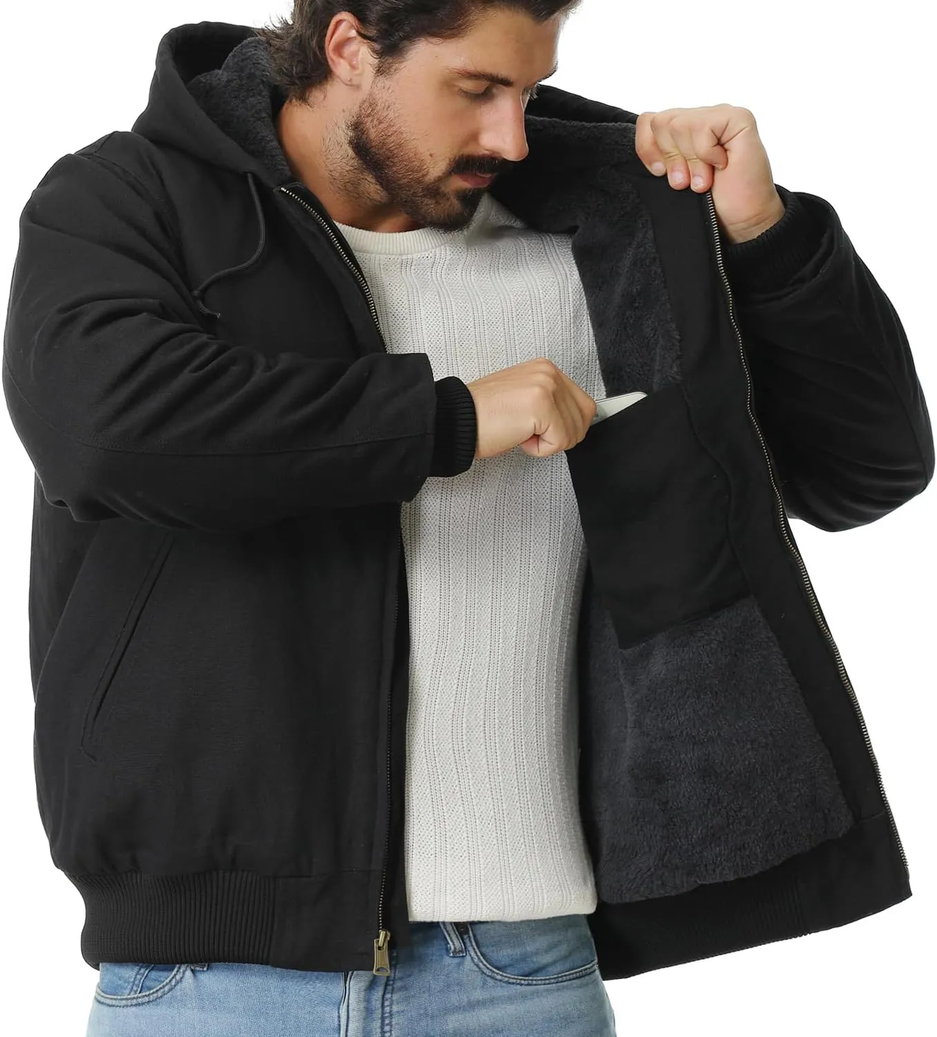 Men's Work Coat Washed Duck Fleece Lined Waterproof Workwear Fit Relaxed Winter Hooded Active Jacket