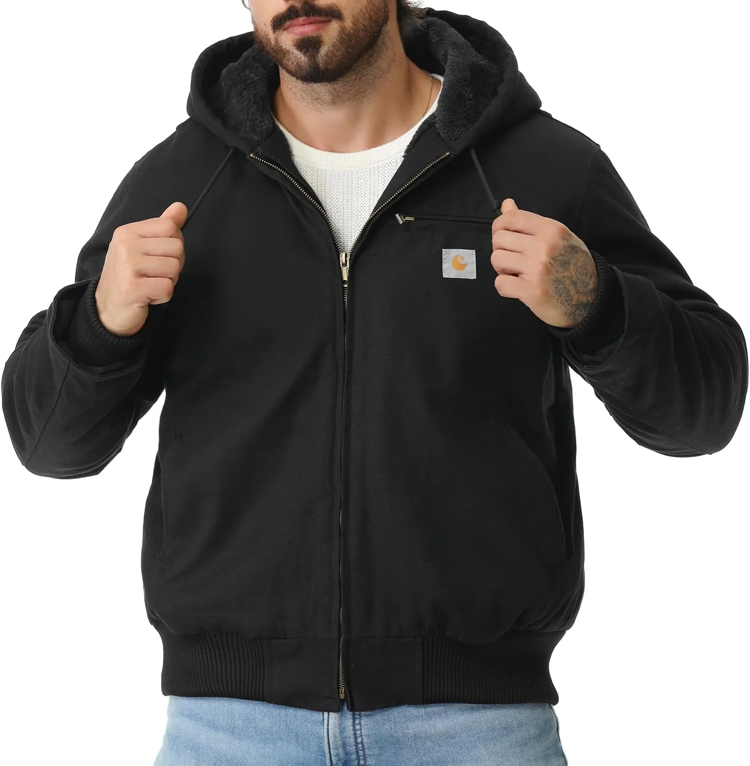 Men's Work Coat Washed Duck Fleece Lined Waterproof Workwear Fit Relaxed Winter Hooded Active Jacket
