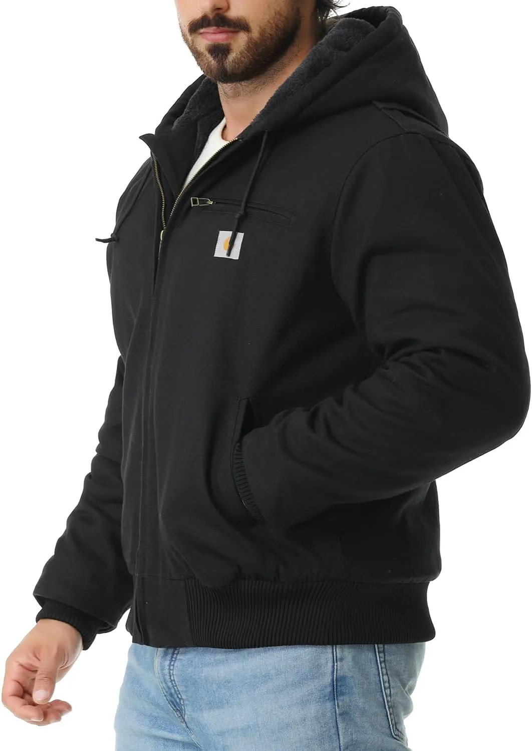 Men's Work Coat Washed Duck Fleece Lined Waterproof Workwear Fit Relaxed Winter Hooded Active Jacket