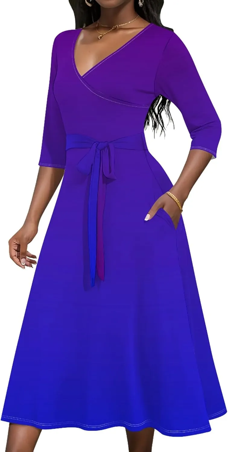 Midi Dresses for Women Fall Casual 3/4 Sleeve Sexy Bodycon Sundress Plus Size Curvy Cocktail Party Wrap Dresses with Pockets