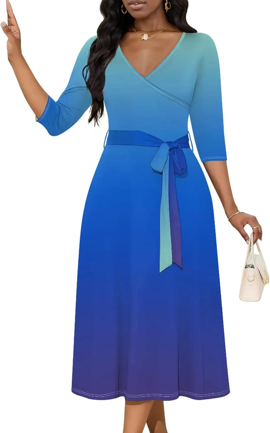 Midi Dresses for Women Fall Casual 3/4 Sleeve Sexy Bodycon Sundress Plus Size Curvy Cocktail Party Wrap Dresses with Pockets