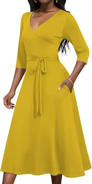 Midi Dresses for Women Fall Casual 3/4 Sleeve Sexy Bodycon Sundress Plus Size Curvy Cocktail Party Wrap Dresses with Pockets