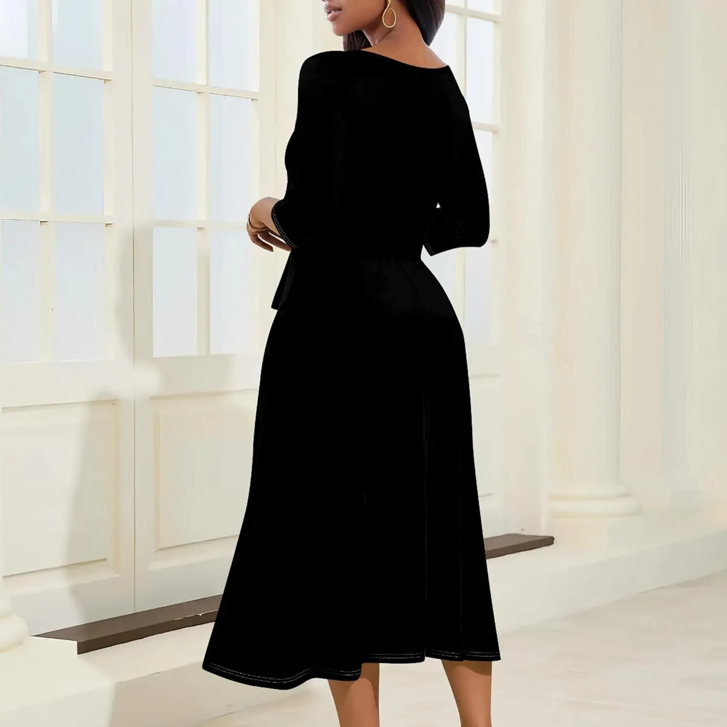 Midi Dresses for Women Fall Casual 3/4 Sleeve Sexy Bodycon Sundress Plus Size Curvy Cocktail Party Wrap Dresses with Pockets