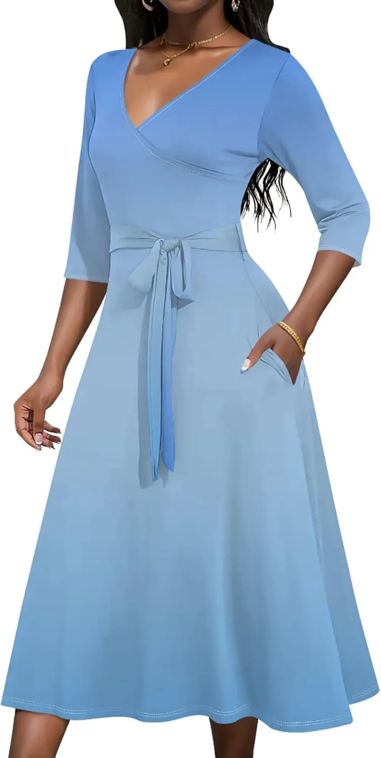Midi Dresses for Women Fall Casual 3/4 Sleeve Sexy Bodycon Sundress Plus Size Curvy Cocktail Party Wrap Dresses with Pockets