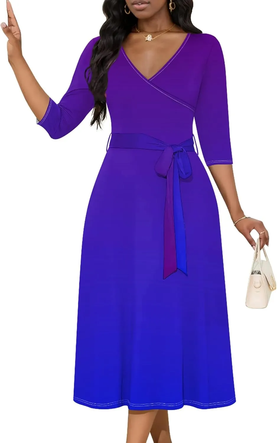 Midi Dresses for Women Fall Casual 3/4 Sleeve Sexy Bodycon Sundress Plus Size Curvy Cocktail Party Wrap Dresses with Pockets