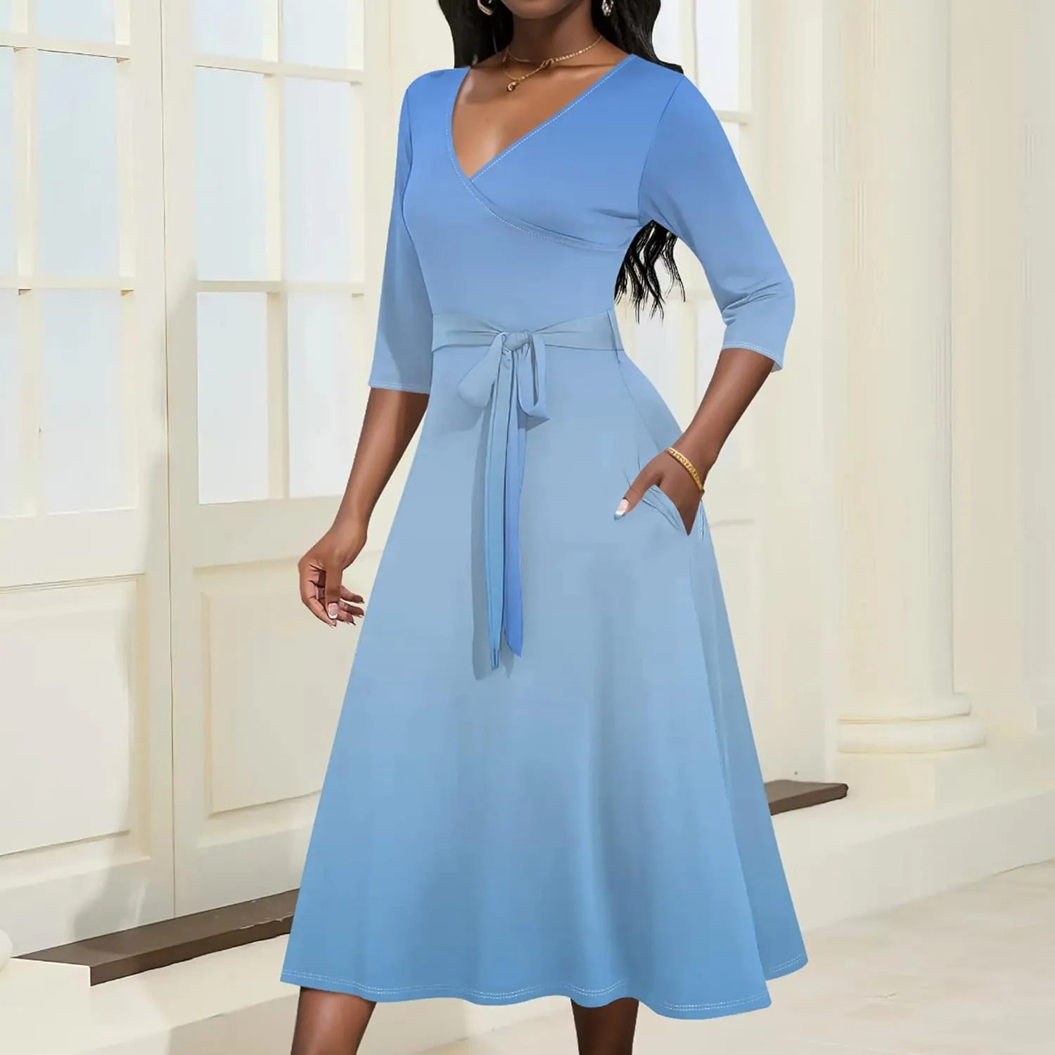 Midi Dresses for Women Fall Casual 3/4 Sleeve Sexy Bodycon Sundress Plus Size Curvy Cocktail Party Wrap Dresses with Pockets