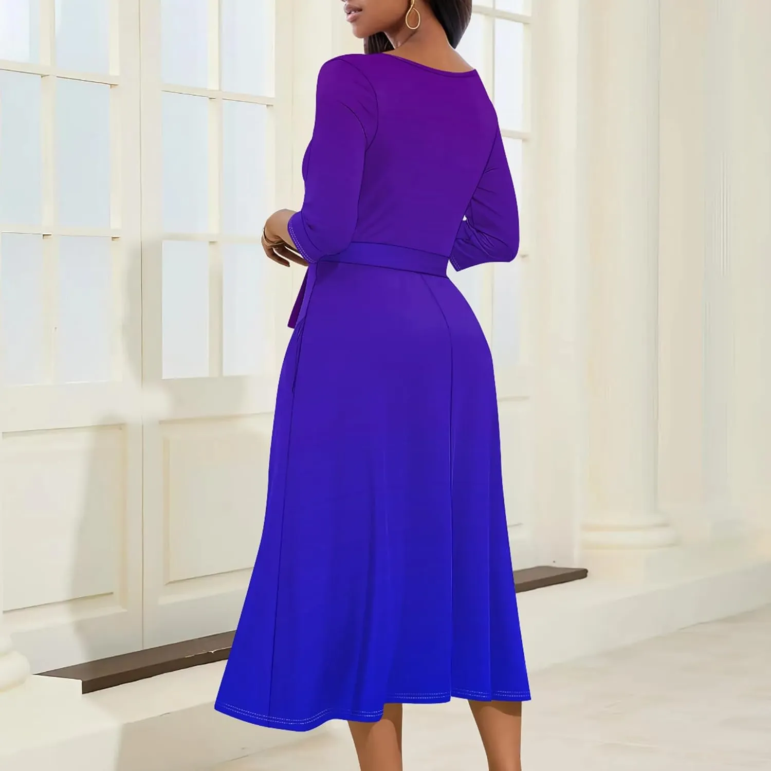 Midi Dresses for Women Fall Casual 3/4 Sleeve Sexy Bodycon Sundress Plus Size Curvy Cocktail Party Wrap Dresses with Pockets