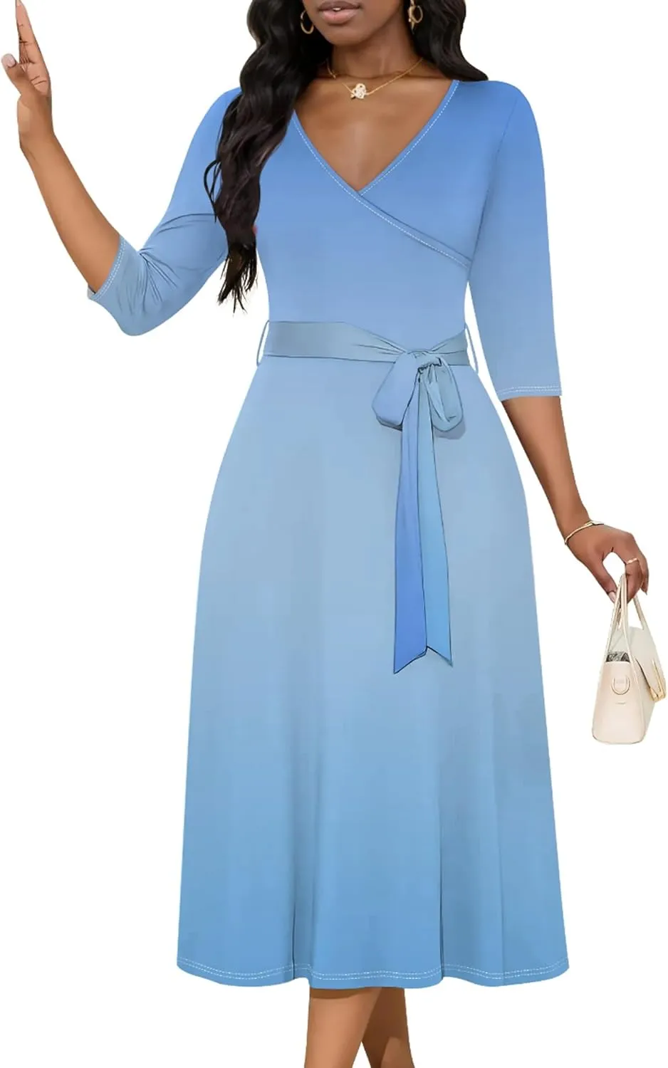 Midi Dresses for Women Fall Casual 3/4 Sleeve Sexy Bodycon Sundress Plus Size Curvy Cocktail Party Wrap Dresses with Pockets