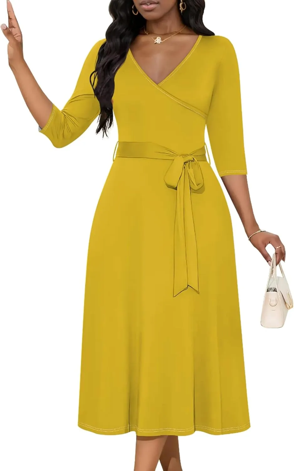 Midi Dresses for Women Fall Casual 3/4 Sleeve Sexy Bodycon Sundress Plus Size Curvy Cocktail Party Wrap Dresses with Pockets