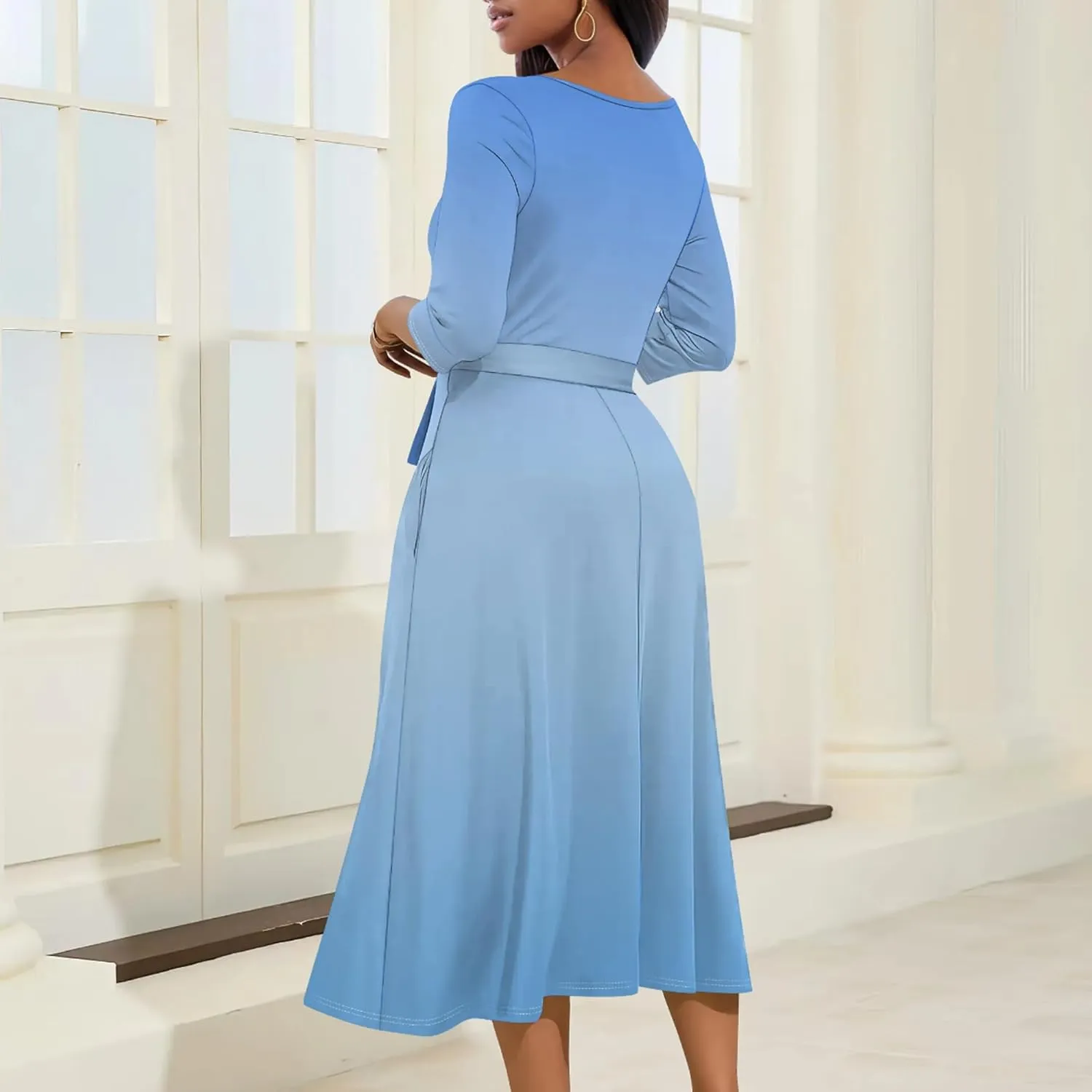 Midi Dresses for Women Fall Casual 3/4 Sleeve Sexy Bodycon Sundress Plus Size Curvy Cocktail Party Wrap Dresses with Pockets