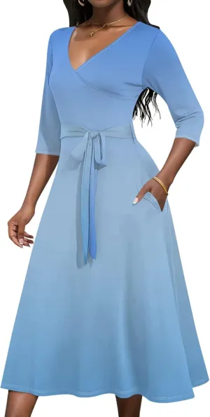 Midi Dresses for Women Fall Casual 3/4 Sleeve Sexy Bodycon Sundress Plus Size Curvy Cocktail Party Wrap Dresses with Pockets