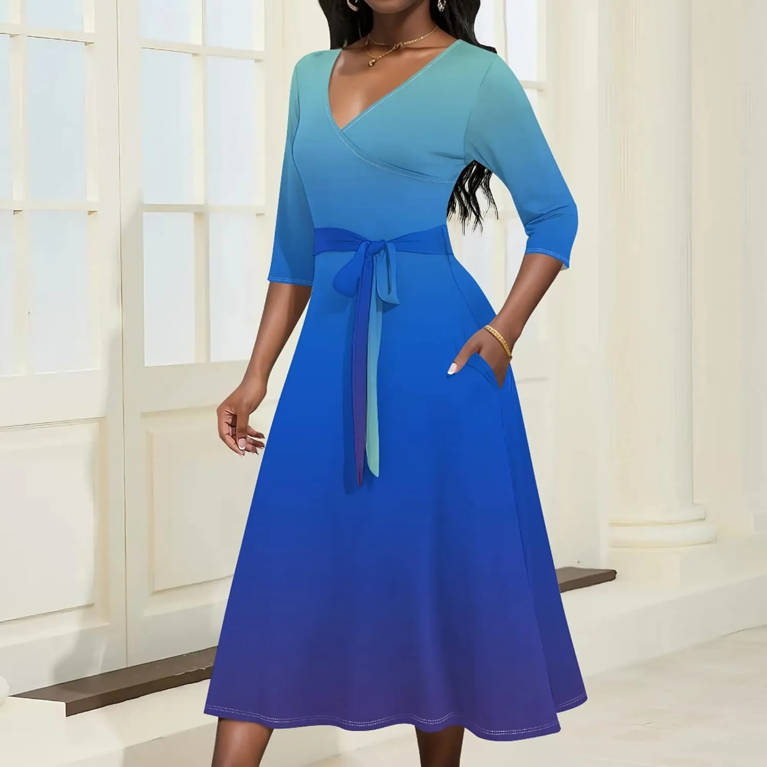 Midi Dresses for Women Fall Casual 3/4 Sleeve Sexy Bodycon Sundress Plus Size Curvy Cocktail Party Wrap Dresses with Pockets