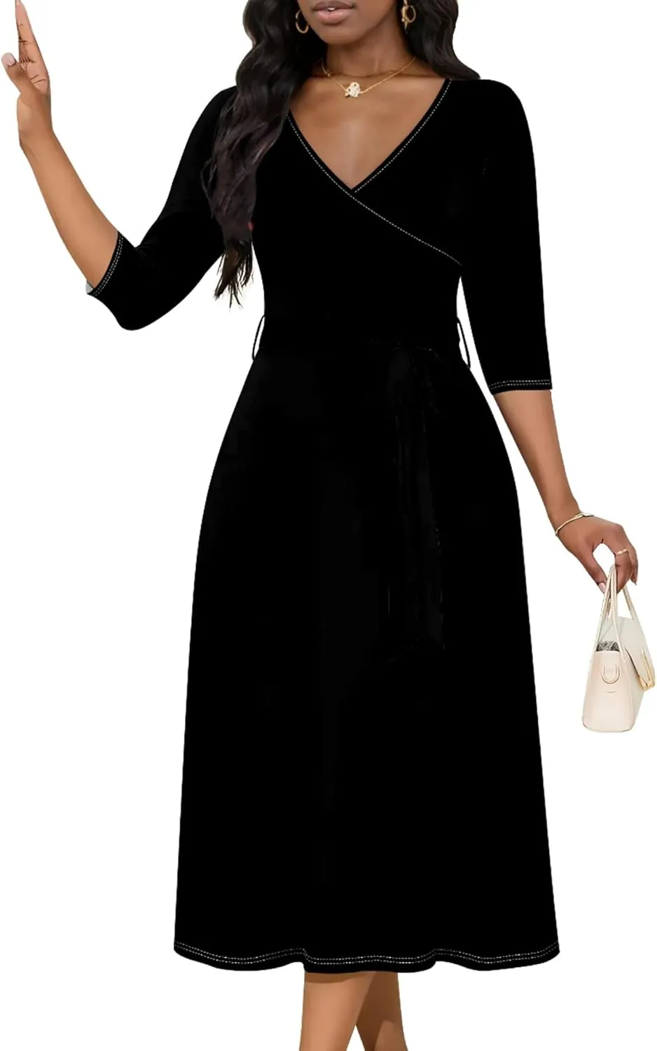 Midi Dresses for Women Fall Casual 3/4 Sleeve Sexy Bodycon Sundress Plus Size Curvy Cocktail Party Wrap Dresses with Pockets