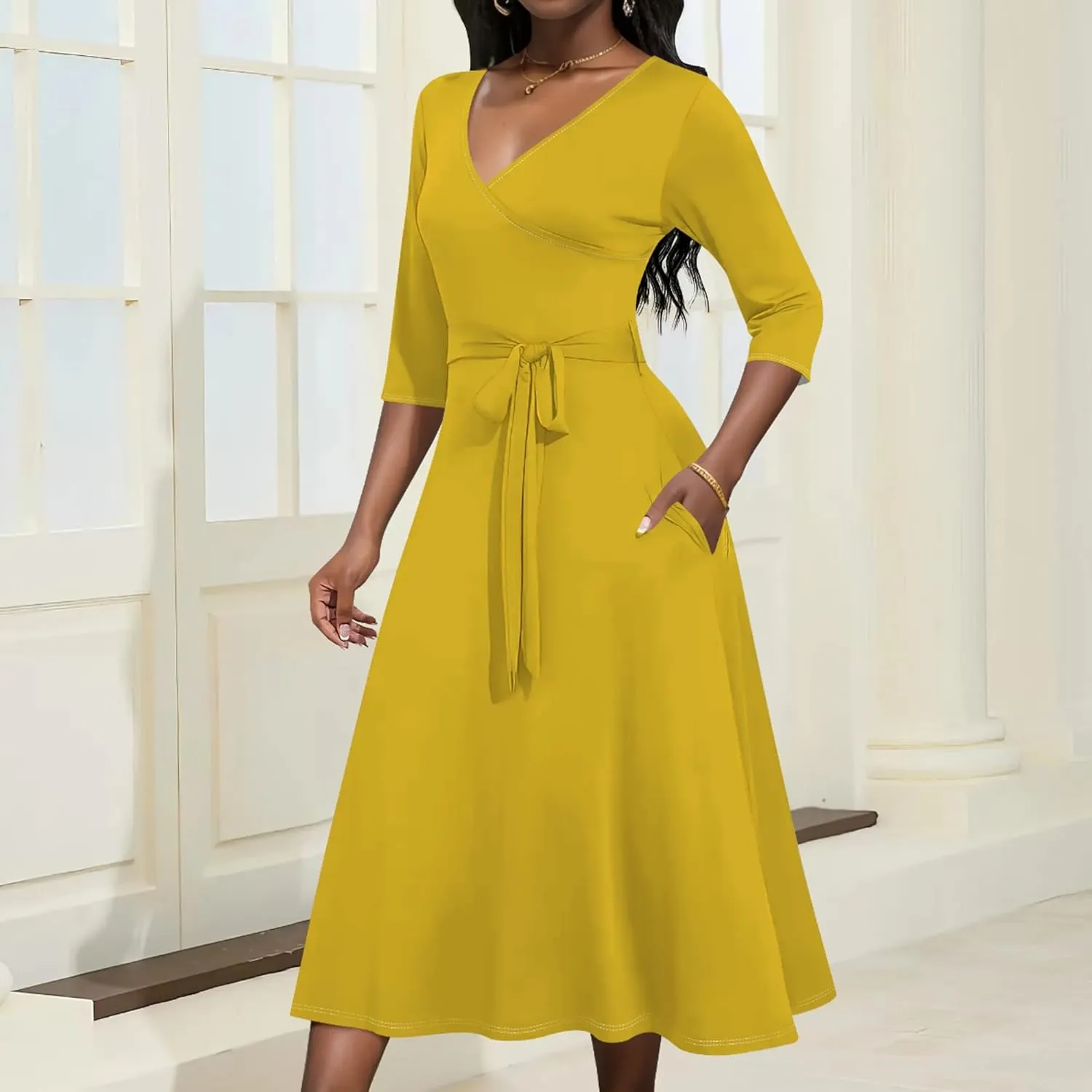 Midi Dresses for Women Fall Casual 3/4 Sleeve Sexy Bodycon Sundress Plus Size Curvy Cocktail Party Wrap Dresses with Pockets