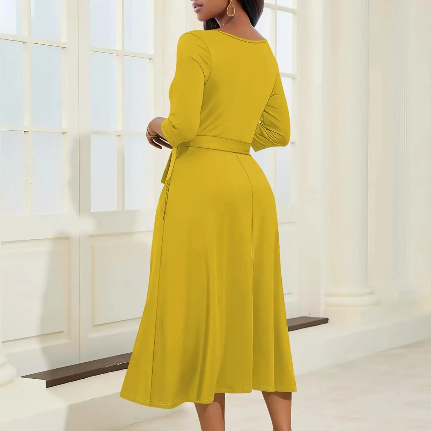 Midi Dresses for Women Fall Casual 3/4 Sleeve Sexy Bodycon Sundress Plus Size Curvy Cocktail Party Wrap Dresses with Pockets