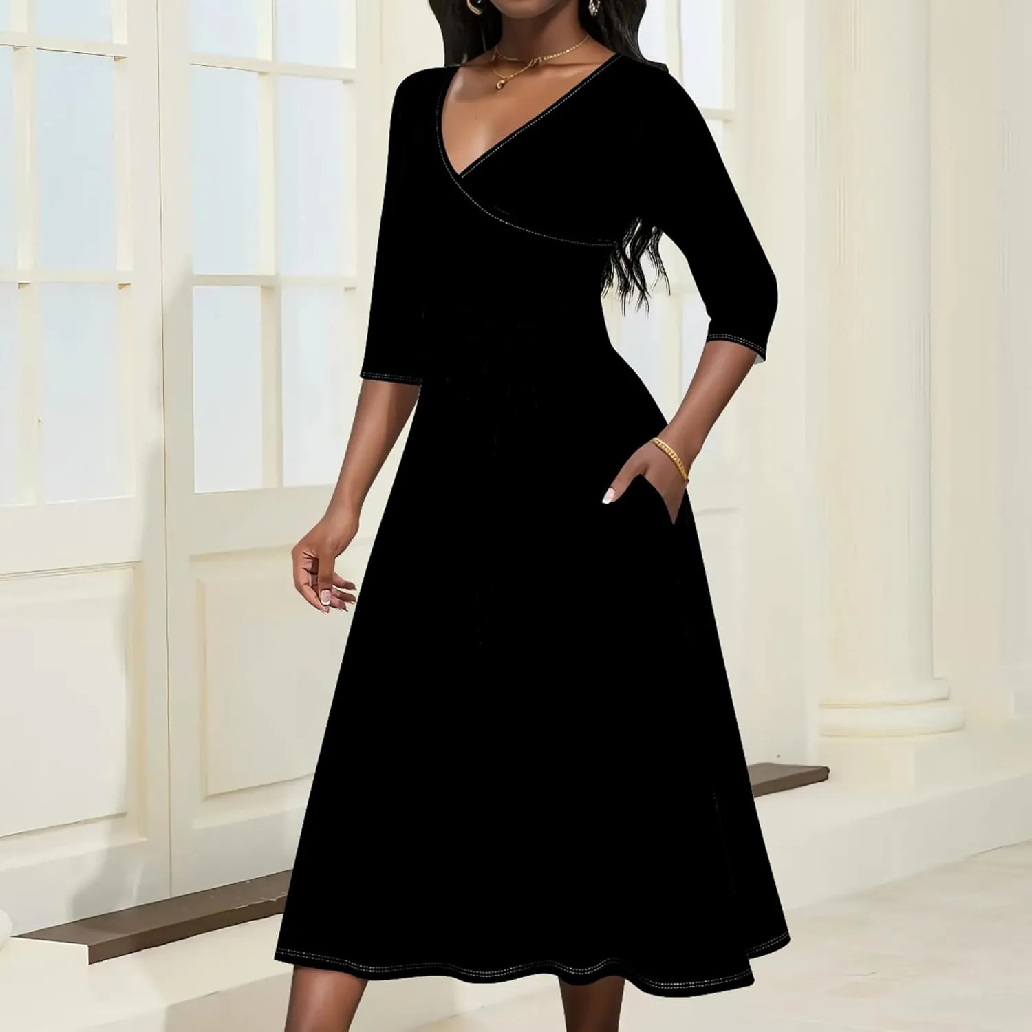 Midi Dresses for Women Fall Casual 3/4 Sleeve Sexy Bodycon Sundress Plus Size Curvy Cocktail Party Wrap Dresses with Pockets