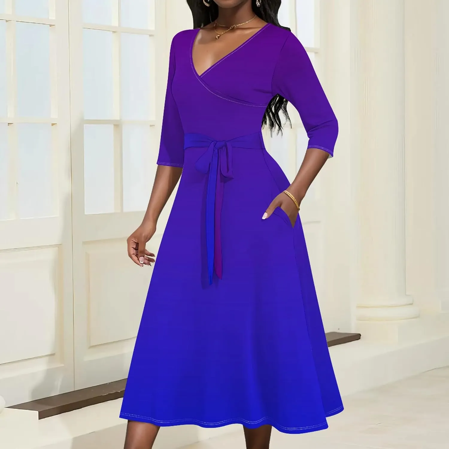 Midi Dresses for Women Fall Casual 3/4 Sleeve Sexy Bodycon Sundress Plus Size Curvy Cocktail Party Wrap Dresses with Pockets