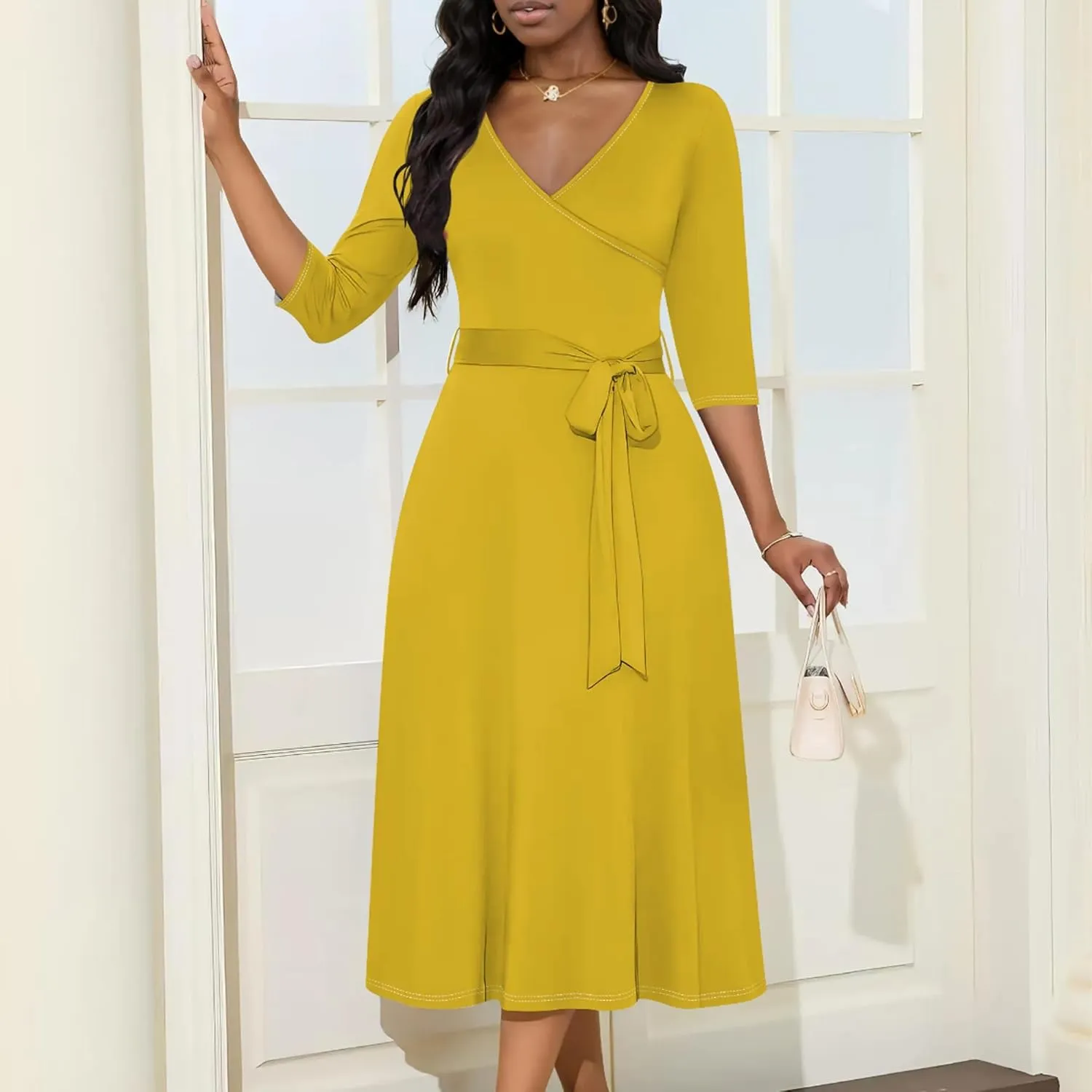 Midi Dresses for Women Fall Casual 3/4 Sleeve Sexy Bodycon Sundress Plus Size Curvy Cocktail Party Wrap Dresses with Pockets