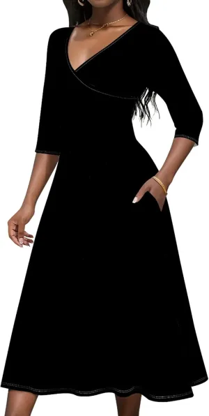 Midi Dresses for Women Fall Casual 3/4 Sleeve Sexy Bodycon Sundress Plus Size Curvy Cocktail Party Wrap Dresses with Pockets