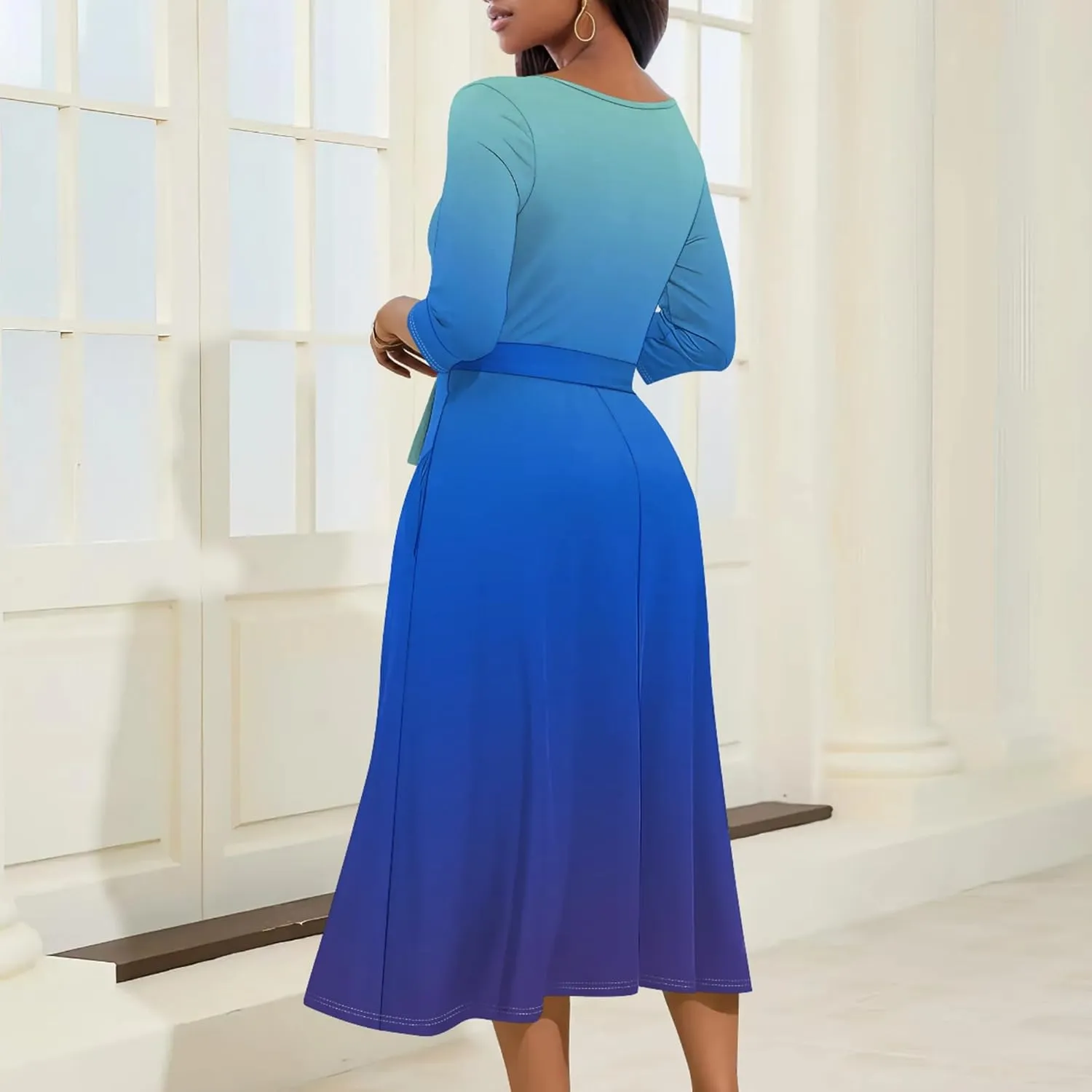 Midi Dresses for Women Fall Casual 3/4 Sleeve Sexy Bodycon Sundress Plus Size Curvy Cocktail Party Wrap Dresses with Pockets