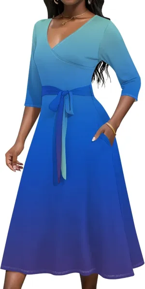 Midi Dresses for Women Fall Casual 3/4 Sleeve Sexy Bodycon Sundress Plus Size Curvy Cocktail Party Wrap Dresses with Pockets