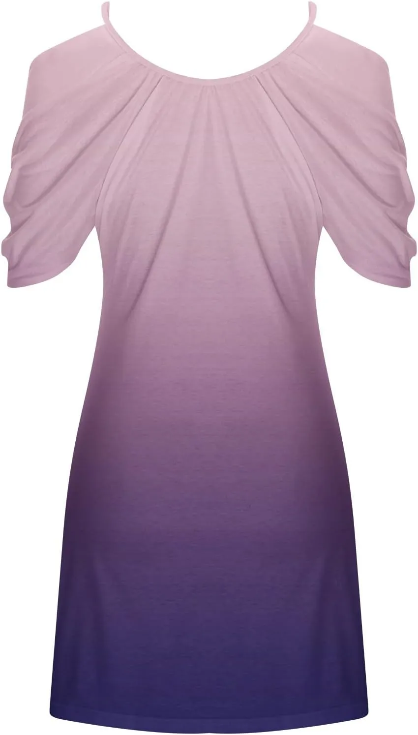 Mini Dresses Casual Summer Plus Size Spaghetti Strap Loose Fit Dresses Printed Open Shoulder Short Sleeve Dresses