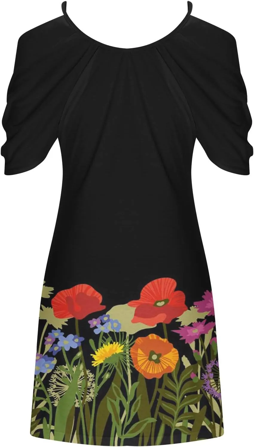Mini Dresses Casual Summer Plus Size Spaghetti Strap Loose Fit Dresses Printed Open Shoulder Short Sleeve Dresses