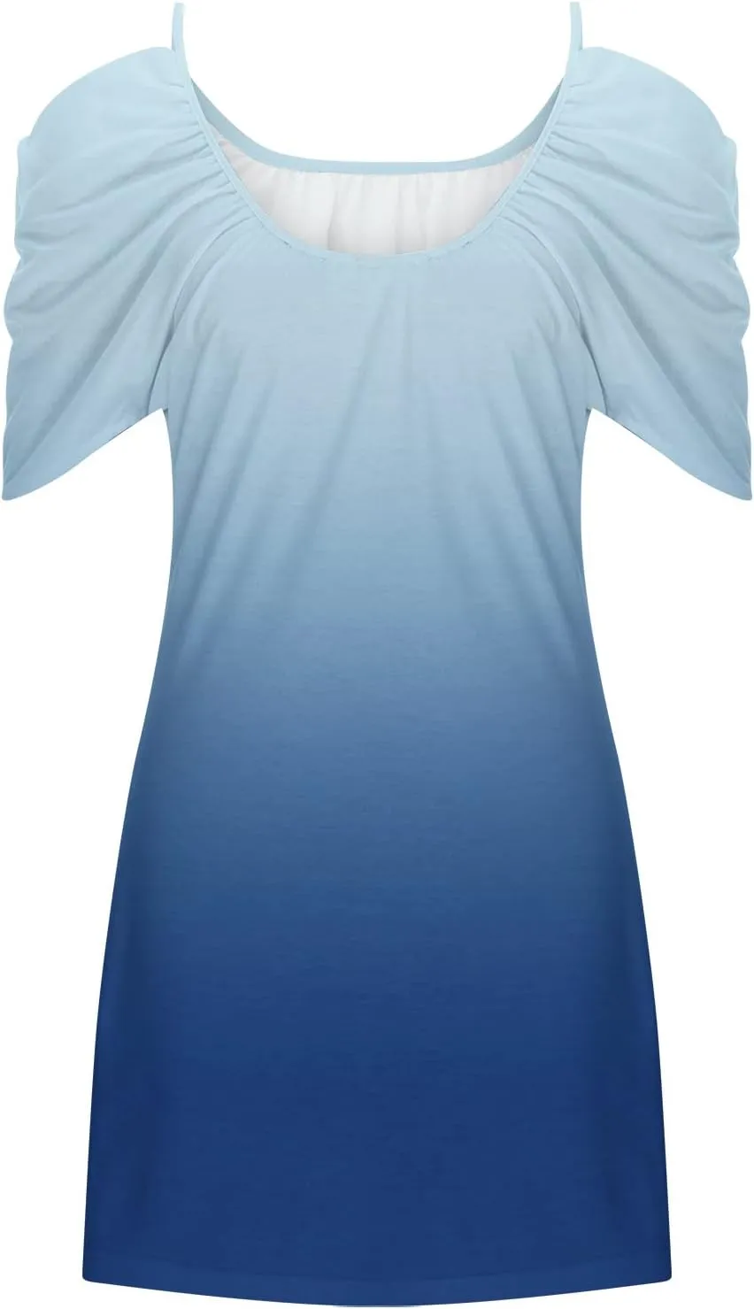 Mini Dresses Casual Summer Plus Size Spaghetti Strap Loose Fit Dresses Printed Open Shoulder Short Sleeve Dresses