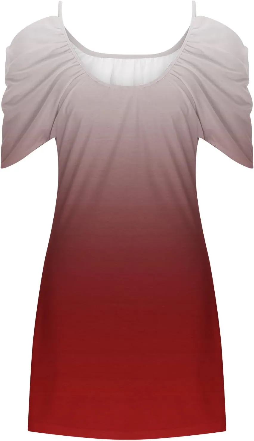 Mini Dresses Casual Summer Plus Size Spaghetti Strap Loose Fit Dresses Printed Open Shoulder Short Sleeve Dresses